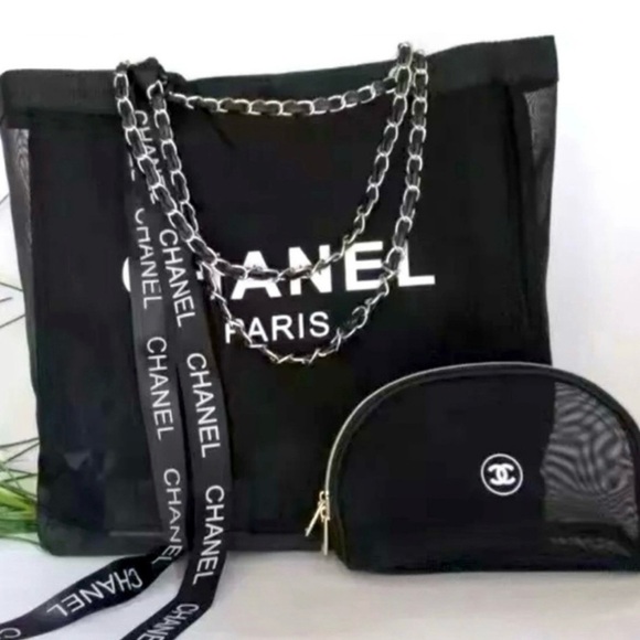 Chanel Beauty Black Mesh Tote with Cosmetic Pouch Silver Harwarw GWP - Picture 1 of 14